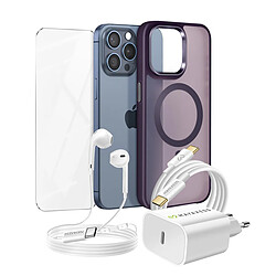 Mayaxess Pack pour iPhone 15 Pro Max Coque, Verre, Chargeur, Écouteurs (5 pièces) Violet