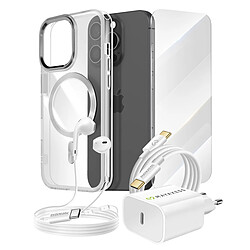 Mayaxess Pack pour iPhone 15 Pro Coque, Verre, Chargeur, Écouteurs (5 pièces) Argent