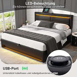 Pugsdrly Structure de lit double 140 x 190 cm - Avec ports USB - Noir
