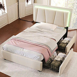 Pugsdrly Lit adulte rembourré 90x200 cm avec tiroirs et LED - Beige