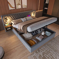 Pugsdrly Lit double avec rangement 160 × 200 cm - Ports USB et Type-C - Velours