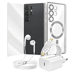 Mayaxess Pack Essentiel pour Galaxy S25 Ultra Coque, Verre, Chargeur, Écouteurs (5 pièces) Argent