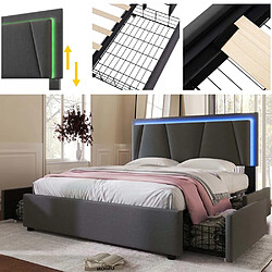 Pugsdrly Lit adulte rembourré 140x200 cm avec tiroirs et LED - Gris