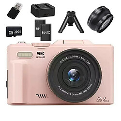 Appareil Photo Numérique 5K 75MP VURAHOME CL08 Zoom 18X Grand Angle Trépied 32Go Rose
