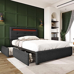 Pugsdrly Structure de lit avec LED et 2 tiroirs - 90 x 200 cm - Gris