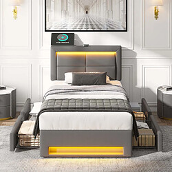Pugsdrly Structure de lit simple 90 x 190 cm - Avec ports USB - Gris