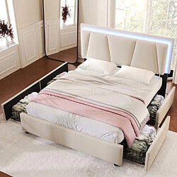 Pugsdrly Lit adulte rembourré 140x200 cm avec tiroirs et LED - Beige