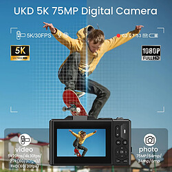 Appareil Photo Numérique 5K 75MP VURAHOME CL08 Zoom 18X Grand Angle Trépied 128Go Noir