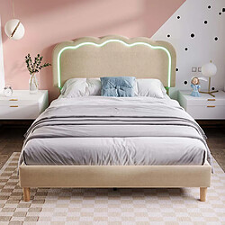 Pugsdrly Lit rembourré double 140 x 200 cm - Sommier à lattes - Beige - Lin