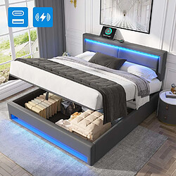 Pugsdrly Structure de lit double 140 x 200 cm - Avec ports USB - Gris