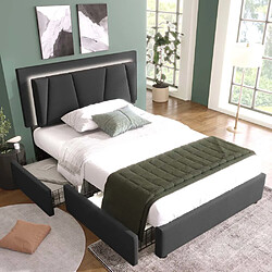 Pugsdrly Lit adulte rembourré 90x200 cm avec tiroirs et LED - Gris