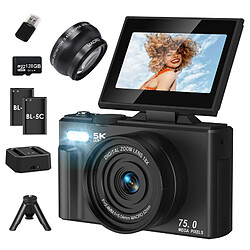 Appareil Photo Numérique 5K 75MP VURAHOME CL08 Zoom 18X Grand Angle Trépied 128Go Noir