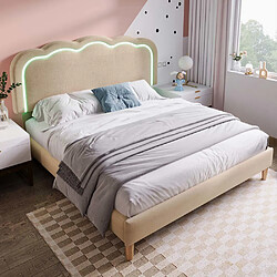 Pugsdrly Lit rembourré double 140 x 200 cm - Sommier à lattes - Beige - Lin