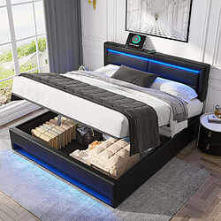 Pugsdrly Structure de lit double 140 x 190 cm - Avec ports USB - Noir