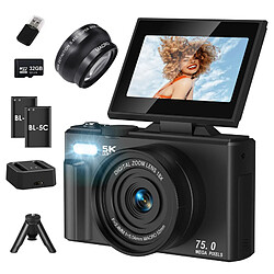 Appareil Photo Numérique 5K 75MP VURAHOME CL08 Zoom 18X Grand Angle Trépied 32Go Noir
