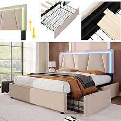 Pugsdrly Lit adulte rembourré 160x200 cm avec tiroirs et LED - Beige