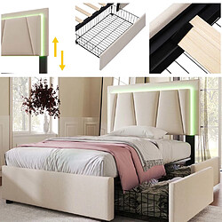Pugsdrly Lit adulte rembourré 90x200 cm avec tiroirs et LED - Beige