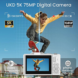 Appareil Photo Numérique 5K 75MP VURAHOME CL08 Zoom 18X Grand Angle Trépied 128Go Blanc