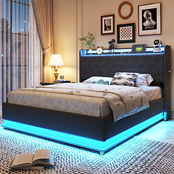 Merax Lit Rembourré LED 140*200cm-lit Doubleavec Port De Charge USB-hydraulique-lit Adulte-gris