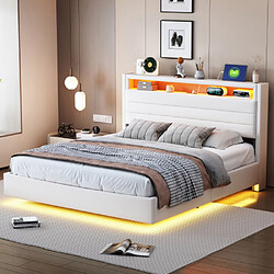 Merax Lit 140x200cm-hydraulique-lit Double LED Avec Prise USB-tête De Lit Réversible-beige