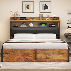 Merax Lit Rembourrée 180x200 Cm-Hydraulique-port USB-en Bois Et Métal-lit Double-noir Et Bois