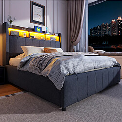 Merax Lit Rembourré 140x200cm-avec Port USB-lit Double Avec Éclairage LED Et Rangement-gris