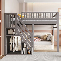 Merax Lit Mezzanine 140*200cm-en Bois Massif-escalier Avec Placard De Rangement-lit Enfant-gris