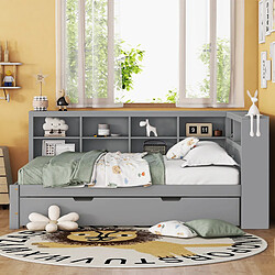 Merax Lit Double 140*200cm-lit Gigogne 90*190cm-avec Prise USB-en Bois Massif-canapé-lit-gris