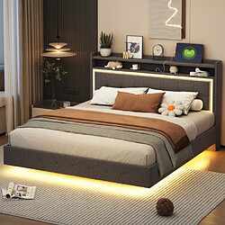 Merax Lit Rembourré 160*200-avec Prise USB Et Lumière LED-lit Double Plat-tissu En Lin-gris