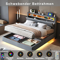 Merax Lit 160x200cm-hydraulique-lit Double LED Avec Prise USB-tête De Lit Réversible-gris