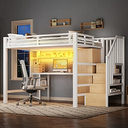 Merax Lit 140x200cm-lit Mezzanine En Métal-avec Bureau, Étagère, Armoire-blanc