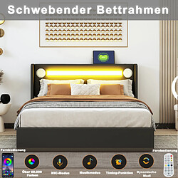 Merax Lit Rembourré 160x200cm -avec Lecteur Bluetooth Et Chargement USB-lit Double LED-noir