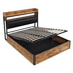 Merax Lit Rembourrée 180x200 Cm-Hydraulique-port USB-en Bois Et Métal-lit Double-noir Et Bois