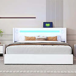 Merax Lit Rembourré 160x200cm -avec Lecteur Bluetooth Et Chargement USB-lit Double LED-blanc