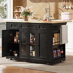 modfu Îlot de cuisine avec rangement et plateau rabattable en mdf métal verre, noir naturel