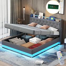 Merax Lit Rembourré LED 160*200cm-lit Double Avec Port De Charge USB-hydraulique-lit Adulte-gris