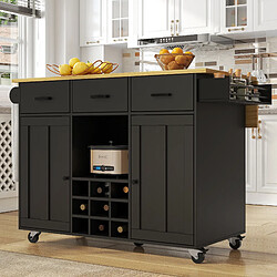 modfu Îlot de cuisine à roulettes avec 3 tiroirs, rangement pliant en mdf, noir