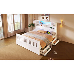 Merax Lit 160x200cm-lit Plateforme Rangements Intégrés-led-port USB-4 Tiroirs-blanc