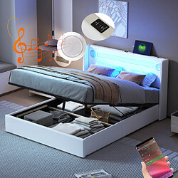 Merax Lit Rembourré 140x200cm -avec Lecteur Bluetooth Et Chargement USB-lit Double LED-blanc