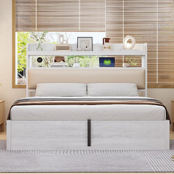 Merax Lit Rembourrée 180x200 Cm-Hydraulique-port USB-en Bois Et Métal-lit Double-blanc