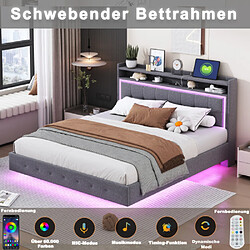 Merax Lit Rembourré 140*200-avec Prise USB Et Lumière LED-lit Double Plat-tissu En Lin-gris pas cher