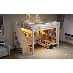 Merax Lit 140x200cm-lit Mezzanine LED Avec Bureau-structure 250 Kg-blanc