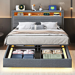 Merax Lit 140x200cm-hydraulique-lit Double LED Avec Prise USB-tête De Lit Réversible-gris
