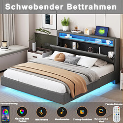 Merax Lit Rembourré 160x200cm Avec Prise USB Et LED-pied De Lit Dissimulé-lit Double Plat-gris