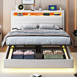 Merax Lit 140x200cm-hydraulique-lit Double LED Avec Prise USB-tête De Lit Réversible-beige