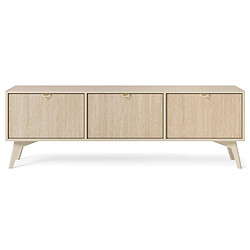 3XELIVING Meuble TV : Beige sable / Chevrons scandi, pieds Bois, 158 x 52 x 38cm