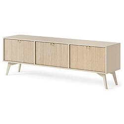 3XELIVING Meuble TV : Beige sable / Chevrons scandi, pieds Bois, 158 x 52 x 38cm