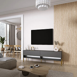 3XELIVING Meuble TV : Anthracite, pieds droits dorés, LED blanche, 170 × 32 × 52 cm