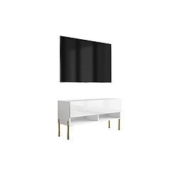 3XELIVING Meuble TV : Blanc Mat / Blanc Brillant, pieds droits dorés, 100 × 32 × 52 cm