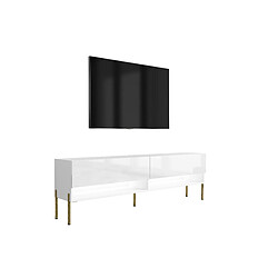 3XELIVING Meuble TV : Blanc Mat / Blanc Brillant, pieds droits dorés, LED blanche, 170 × 32 × 52 cm